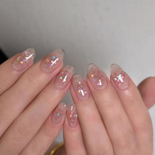 Cute Pink Glitter Press On Nails Almond Shape – Medium Length Nud...