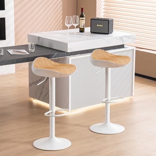 YOUNIKE Tabouret de Bar Blanc Chaise Haute de Bar, Hauteur Réglable et Pivotant 360° Tabouret Design Siège en Grain de Bois, Tabouret pour Bar Cuisine et...