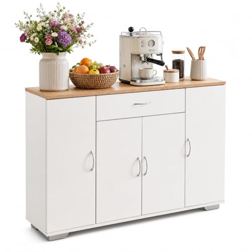 Songvas Buffet de Cuisine 110x30cm, Meuble de Rangement avec 4 Portes, 1 Tiroir, Étagères Réglables, Crédence Blanche avec Plateau en Chêne, pour...