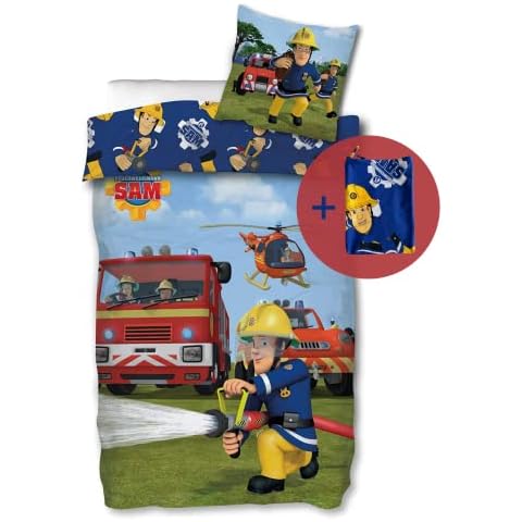 SkyBrands Feuerwehrmann Sam Bettwäsche 135x200 80x80 Kissen-Bezug [mit extra Beutel] Baumwolle Bettwäsche Feuerwehr Kinder Bettwäsche Sam Bettbezug + Kissenbezug Cover
