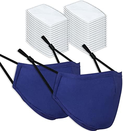 Tomorotec 2PCS Adult Unisex Washable & Reusable Face Masks with Filter Pocket + 30PCS Filters (Blue)
