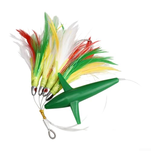 SiSinkal - Leurre de pêche au thon en plumes avec crochet en acier pour pêche en bateau effet lumière UV et faux œil de poisson pour réussir la pêche au gros gibier (vert)