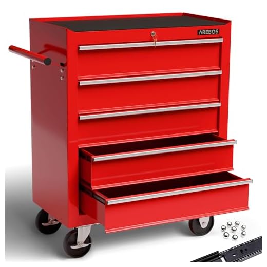 Arebos Werkstattwagen 5 Fächer/zentral abschließbar/Anti-Rutschbeschichtung/Räder mit Feststellbremse/Massives Metall/rot, blau oder schwarz (rot)