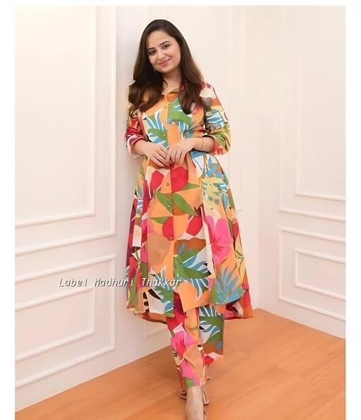 Image of Women's Stylish Abstract Printed Multicolored Kurta with Pant Co-ord Set