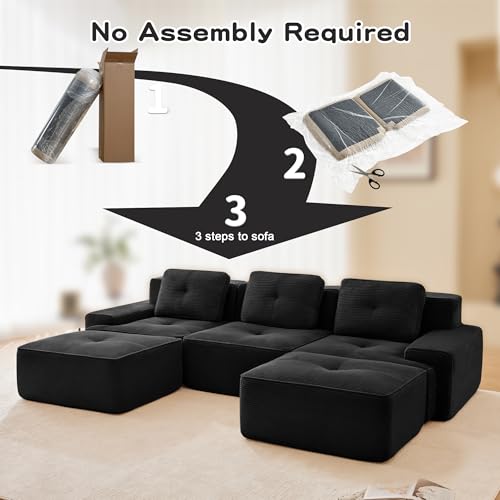 Image of 117 inch U-Shaped 3-Seater Modular Boneless Couch with 2 Ottomans, Cozy Corduroy Upholstery, Deep Seat Cloud sectional Sofa, No Assembly Anti-Slip Stable Design, Black