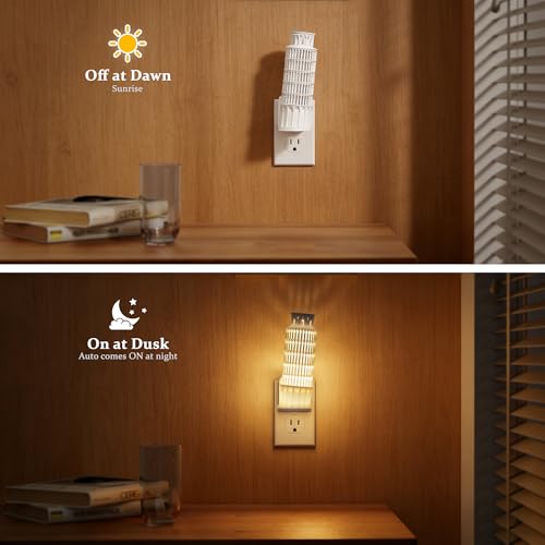 Image of JandCase Night Lights Plug into Wall, 3000K Plug in Night Light | 3D Printed Leaning Tower of Pisa NIghtlight with Dusk to Dawn Sensor, 0-100LM Adjustable Brightness for Room Bathroom Hallway