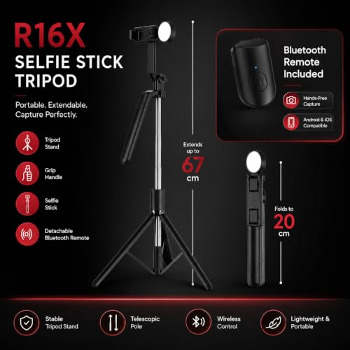 Image of Selfie Stick Tripod 67cm with Bluetooth Remote & Fill Light (7 feet)