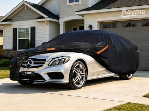 Image of Kayme 7 Layers Sedan Car Cover Custom Fit for Mercedes Benz C Class, C300 C350 C400 C450 C43 C63 (2008-2026), Waterproof All Weather for Automobiles,Rain Sun UV Protection.Black