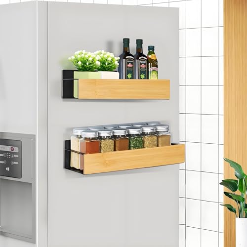 KedioPio Magnet Regal Kühlschrank, 2 Stück Magnetisches Gewürzregal Kühlschrank Holz, Regal Magnetisch Gewürzregal Magnetisch Bambus für Küche Aufbewahrung und Organisation, Schwarz