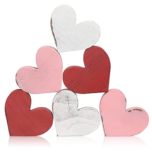 WODOHOLO Valentine's Day Wooden Hearts Tiered Tray Decor, 6Pcs Farmhouse Distressed Wooden Heart Shaped Love Signs for Valentine's Day Table Decor
