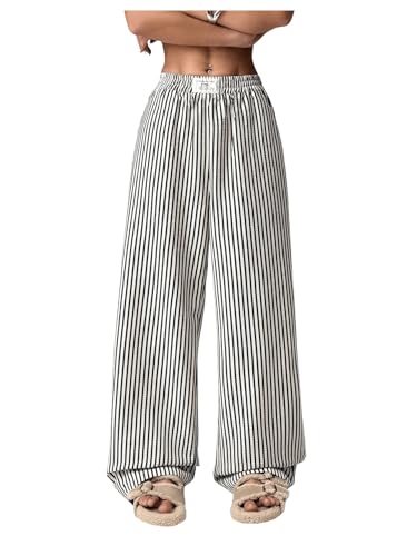 Women's Striped Wide Leg Pants Elastic Waist Letter Patched Long Trousers with Pockets