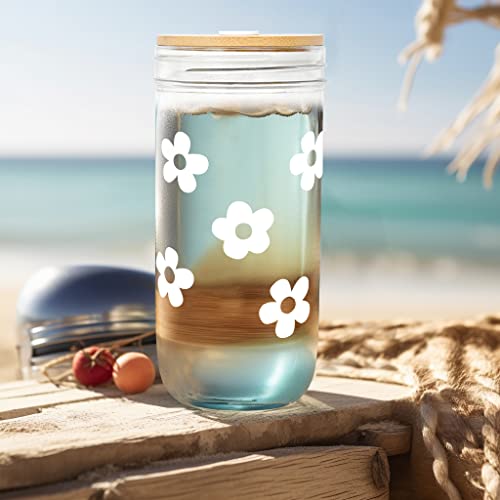 Anotion Cute Glass Cups With Lids And Straws, Mason Jars With Flower Design, Bamboo Lid, Iced Coffee Cups Tumbler Drinking Glasses Travel Coffee Mug Perfect For Coffee, Smoothies, Boba Tea, And Wine #TOP4