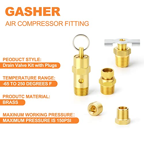 Gasher 7Pcs Brass 1/4" Npt Male Air Compressor Tank Drain Valve Kit With Internal And External Hex Plug Wing Style And Knurled Style Drain Cock Safety Valve Replacement Part #TOP3