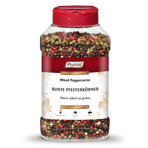 Prymat Gewürze Bunter Pfeffer 350g Ungemahlen Bunte Pfefferkörner für die Mühle geeignet für Fleisch, Fisch, Suppen, Saucen, Brühen, Marinaden Gewürzmischung, im Streuer