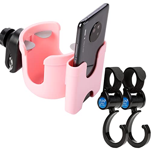Funbliss Stroller Cup Holder with Phone Holder, Bike Cup Holder,Complimentary 2 Stroller Hooks,Cup Phone Holder for Stroller, Bike, Wheelchair, Walker, Scooter, Pink Cover