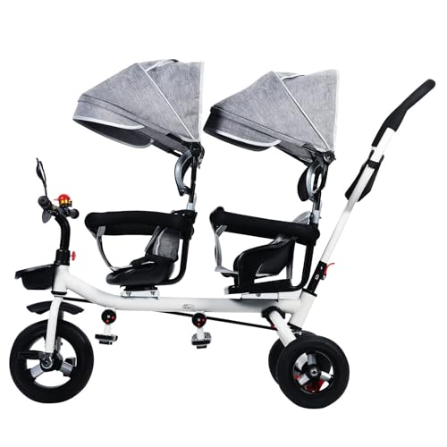 funrautz Zwillings-Baby-Kinderwagen mit Baldachin, Dreirad für Kleinkinder, Schiebe-Dreirad mit stoßfestem Gummirad, Spazierengehen Kinderwagen mit Aufbewahrungskorb & Sicherheitsgurt, Grau