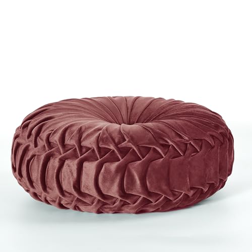 Image of HIG Set of 2 Decorative Round Pleated Throw Pillows,Classy Accent Pumpkin Throw Pillows with Center Button,Vintage Velvet Floor Pillows for Sofa Vanity Chair Bed,Dusty Rose,14.5 inch Diameter(Ripple)