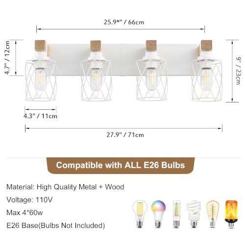 Image of Farmhouse 4-Light Wood Bathroom Vanity Light, White Metal Cage Shade