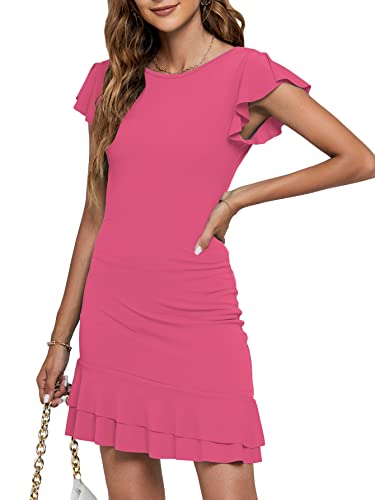 Umenlele Women's Round Neck Cap Sleeve High Waist Ruffle Hem Bodycon Mini Short Dress Rose Red Small #TOP5