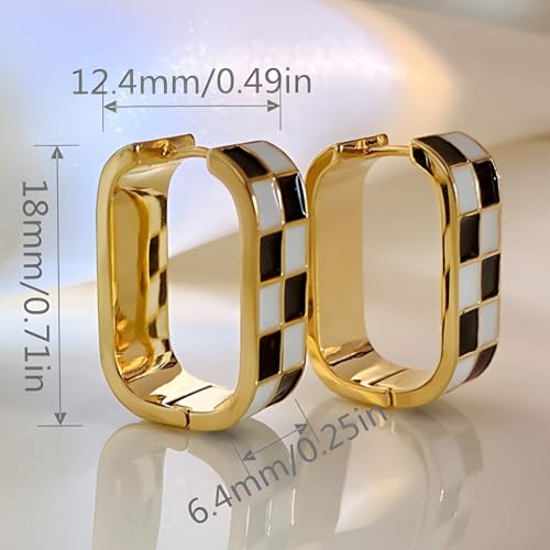 18K Gold Filled Checkered Earrings for Women, Dainty Checkered, Trendy Checker,Chunky Oval Huggie Hoop,Hypoallergenic Earrings with Gifts Box2
