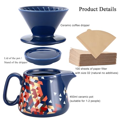 Image of Pour Over Coffee Maker, Ceramic Coffee dripper with 100 pcs Paper Filter, Ceramic coffee Server with Lid, 15.5oz /450 ml, Suitable for 1-2 people (Blue)