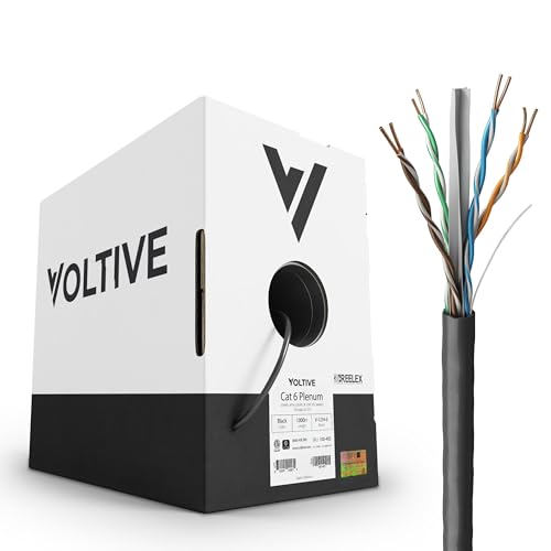 Voltive Cat6 Ethernet Cable, Plenum (CMP), Black, 1000ft - 23AWG 4 Pair Solid Bare Copper, UTP, 600MHz, UL Certified & ETL Verified - V-1234-6