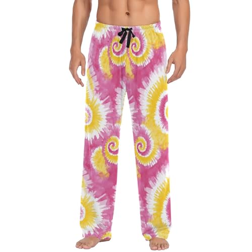 Vdsrup Men's Pajama Pants Tie Dye Yellow Pink Pajama Pants for Men PJs Bottoms Drawstring Pockets Sleep Lounge Pants S