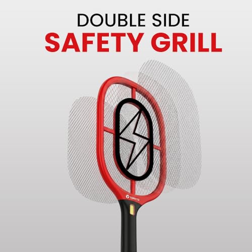 Image of Toreto Mosquito Bat, Mosquito Racket, Rechargeable, LED Torch, Type-C Fast Charging, Double Layer Safety Grill, Made in India | Electric Fly Swatter, Mosquito Killer Racquet Zappy 3 (Black+Red)