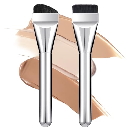Oruola 2pcs Flat Foundation Brush,Super Thin Liquid Foundation Brush,Soft Synthetic Bristles,Precision Flat Traceless Foundations Concealer Premium Makeup Brushes (Silver)