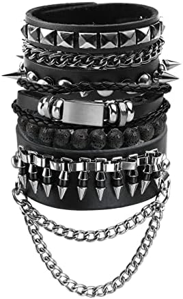 Eigso 3 Pcs Black Wide Studded Spikes Studded Cool Punk Steampunk 80s Theme Retro Bracelets for Men and Women with Adjustable Buckle