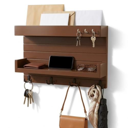 AR SABRI SHOPEE Arif Rao Key Holder for Wall Decorative, Wooden Key Rack Mail Sorter Organizer, Double Shelf Key Hanger Mail Key Organizer, Rustic Home Decor for Entryway Hallway (Brown)