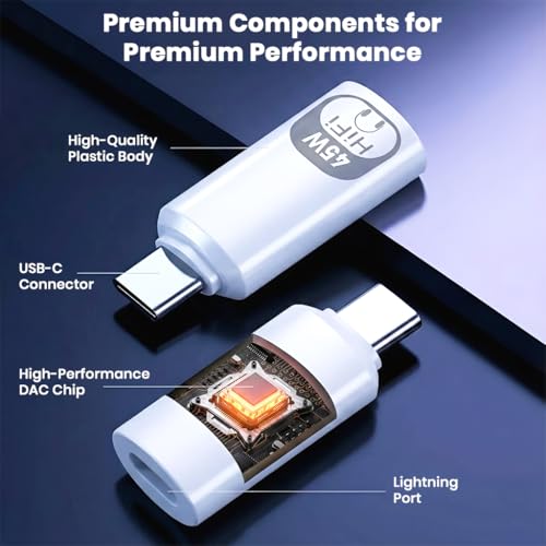 Image of AUDIOCULAR USB-C to Lightning Adapter, 45W PD Fast Charging, Hi-Fi Integrated DAC, Mic Support, Type-C to Lightning Audio Converter for Smartphones & Tablets (White)