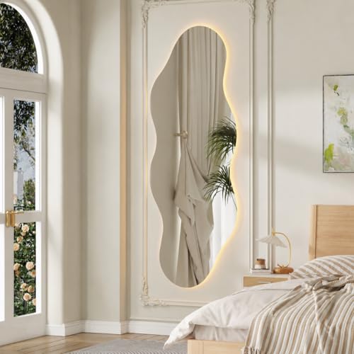 Image of QDSSDECO 63 inch x 24 inch Wavy Full-Length Mirror with Stand, Frameless