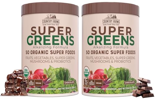 Country Farms Super Greens Chocolate Flavor 50 Organic Super Foods USDA Organic Drink Mix Fruits Vegetables Super Greens Mushrooms & Probiotics Supports Energy 40 Servings 10.6 Oz 2 Pack