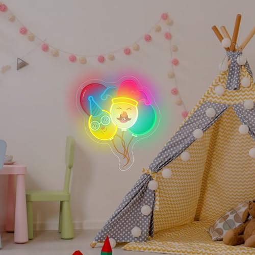 Image of Colorful Balloon Neon Sign, Balloon With Clown Neon Lights for Birthday Party Decorations, USB Powered LED Light Up Signs for Bedroom, Kids Room, Gift for Christmas