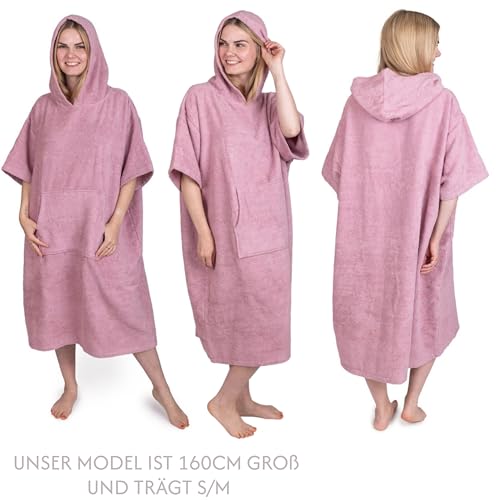 CalmyBEACH Frottee Badeponcho Damen Herren - Strandponcho 100% Baumwolle Surf Poncho Erwachsene Handtuch Kapuze Bade Surfponcho Bademantel (Altrose, S/M)