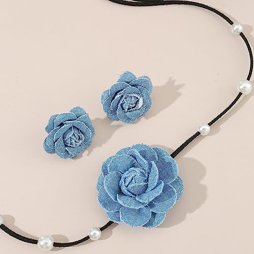 Denim Camellia Flower Choker Necklace and Jeans Floral Stud Earrings Set Fabric Cloth Blue Blossom Faux Pearl Callor Chain Adjustable Pendant Necklaces Fashion Jewelry Gifts for Women Girls4