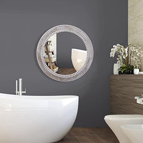 Round Wood Mirror Rustic Mirrors - Decorative Wall Mirror 24 Inch Farmhouse Circle Mirrors, Distressed Accent Mirror For Living Room, Bathroom, Bedroom, Entryway #TOP2