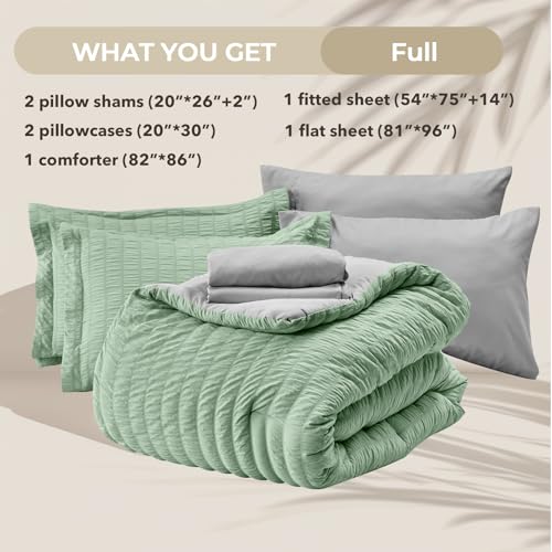 Image of HYMOKEGE Sage Green /Light Grey Full Size Comforter Sets Seersucker 7 Pieces, All Season Luxury Bed in a Bag for Bedroom, Bedding Set with Comforter, Sheets, Pillowcases & Shams