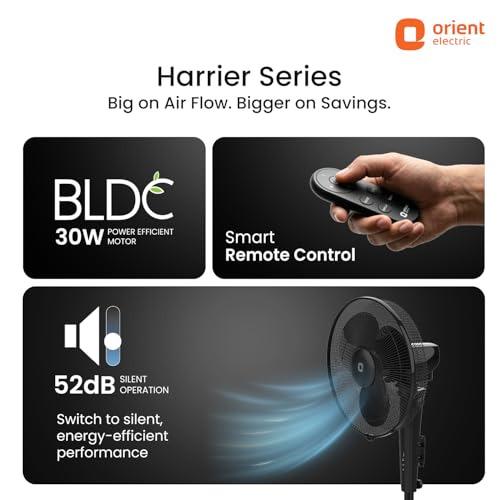 Image of Orient Electric Harrier BLDC Stand Fan with Remote | Energy Saving Fan, Whisper Quiet 52 dB Operation | 90 Oscillation, Tilt & Height Adjustment | 2 Year Warranty, Black