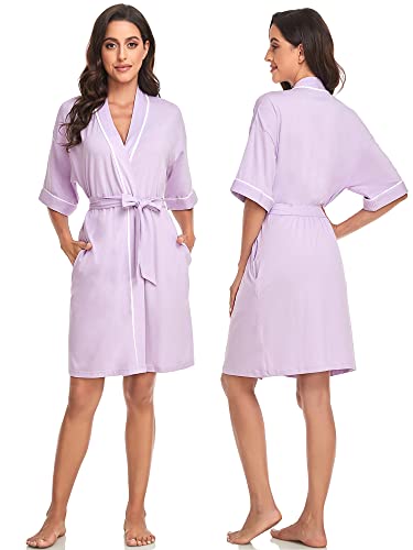 Image of COLORFULLEAF Womens Bamboo Short Robes Lightweight Kimono Cotton Robe Soft Knit Bathrobe Ladies Loungewear with Pockets