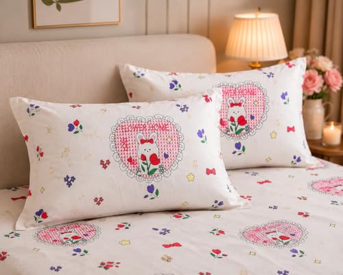Image of Queen Size Bedsheet and Pillow Case Set - 3 Piece Super Soft Cotton Printed Bed Sheet, Cute Girly Floral & Bunny Pattern, Lightweight & Breathable (Queen, 90 inch x 100 inch)