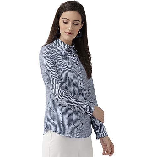 Image of XPOSE Women Navy Blue White Regular Fit Striped Casual Shirt