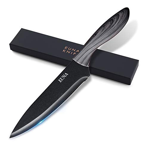 EUNA 8 Inch Chefs Knife Ultra Sharp Chopping Knife with Sheath & Gift Box Kitchen Knives for Multipurpose Cooking Professional with Ergonomic Handle Grey Wood Texture