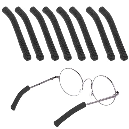 8 Stück Brillenohrpolster, weiche gestrickte Brillenohrpolster, rutschfeste Brillenarmabdeckungen aus Baumwolle für Sonnenbrillen (schwarz)