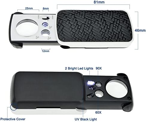LED Lighted Pocket Magnifier - 30X 60X 90X Multi-Power Small Portable Magnifying Glass with UV Light Best for Jewellery, Diamonds, Gems, Coins, Stamps Rocks(Black)