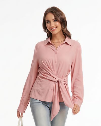 Fyralis Women's Dressy Long Sleeve Button Down Blouse with DIY Knot, Business Casual Lightweight Solid Shirt (US, Alpha, X-Large, Regular, Regular, Pink) — view 4