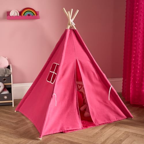 OHS Teepee Tent for Kids Foldable Play Tent Easy to Assemble Indoor Outdoor Children Teepee Tents for Sleepover Reading Nook Portable Garden Beach Canvas Playhouse with 4 Wood Poles Hot Pink