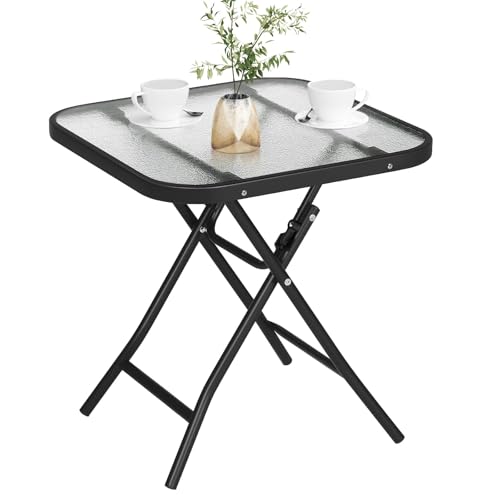 eSituro Klapptisch, Beistelltisch klappbar, Balkontisch Campingtisch Gartentisch Bistrotisch, mit Metallrahmen, rechteckige Tischplatte aus gehärtetem Glas, 46x46x48cm, Schwarz+transparent