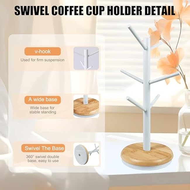 Coffee Mug Holder Tree (White), 360¡ã Rotated Coffee Cup Holder for Counter, Wood Coffee Mug Tree with 6 Hooks, Coffee Mug Organizer Station, Mug Stand Coffee Bar Accessories